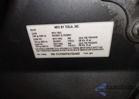 2020 Tesla Model Y Long Range Dual Motor All-Wheel Drive/Performance Dual Motor All-Wheel Drive из США, поврежденный, VIN 5YJYGDEF0LF034402